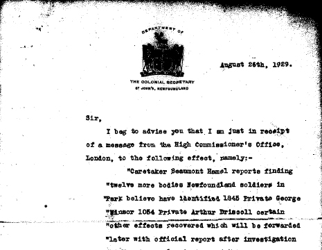 LETTER - BODIES EXCAVATED